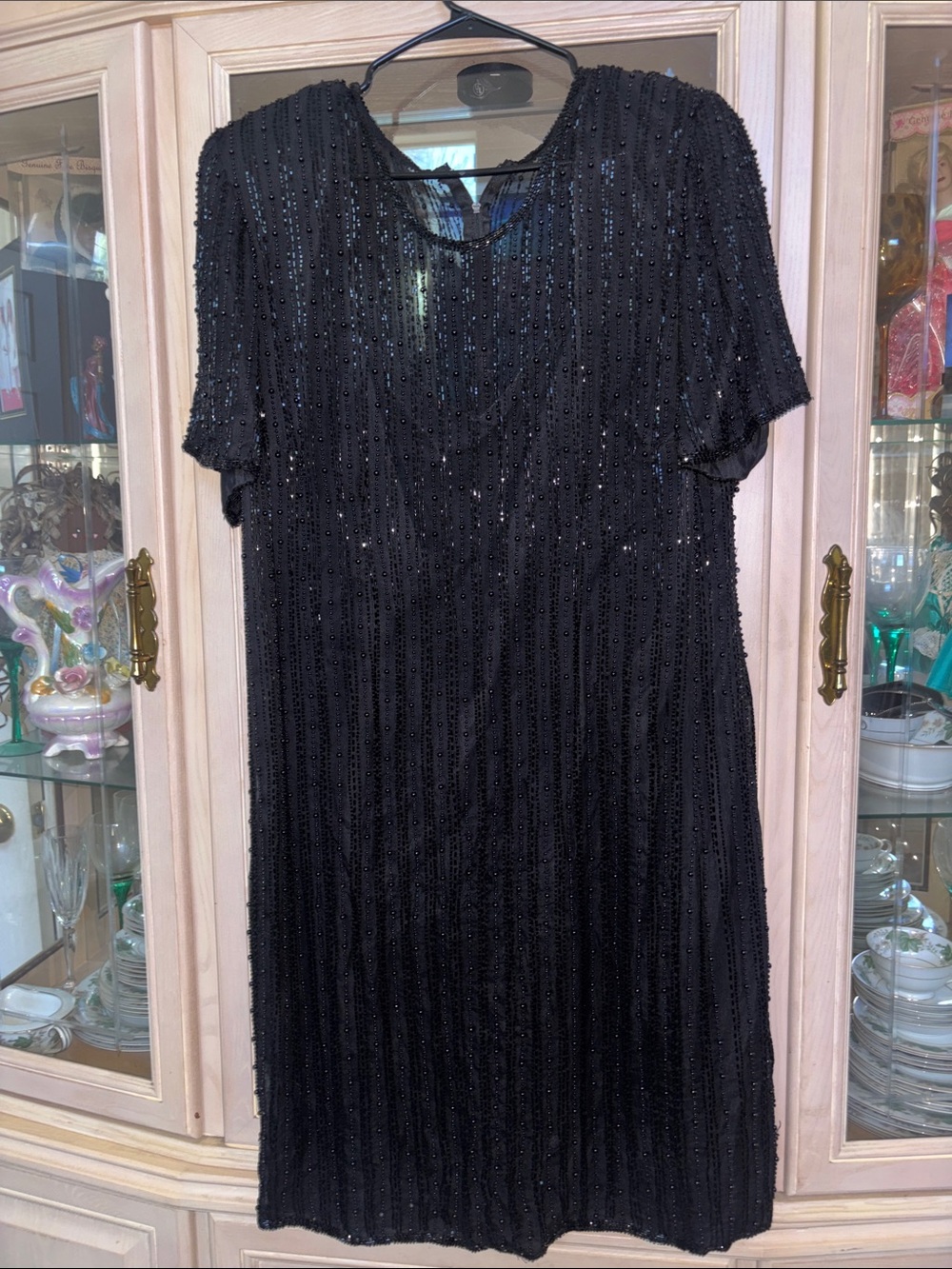 Vintage Stenay Black Beaded Short-Sleeve Evening Dress